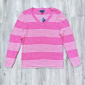 Karen Scott Women's NWT 100% Cotton Pink and White Striped V-Neck Sweater L